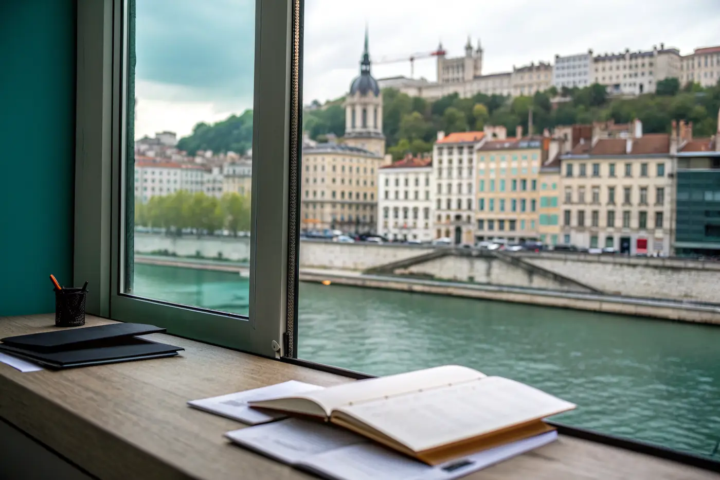 Vue sur la Saône et les toits du Vieux-Lyon depuis la fenêtre d’un bureau