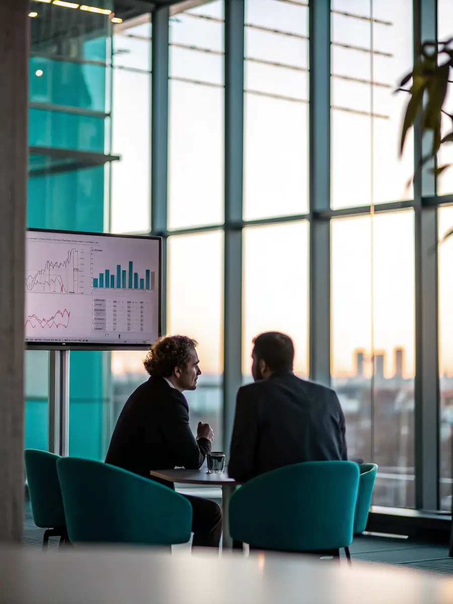 Deux dirigeants de dos devant un tableau de bord financier, dans une salle de réunion lumineuse