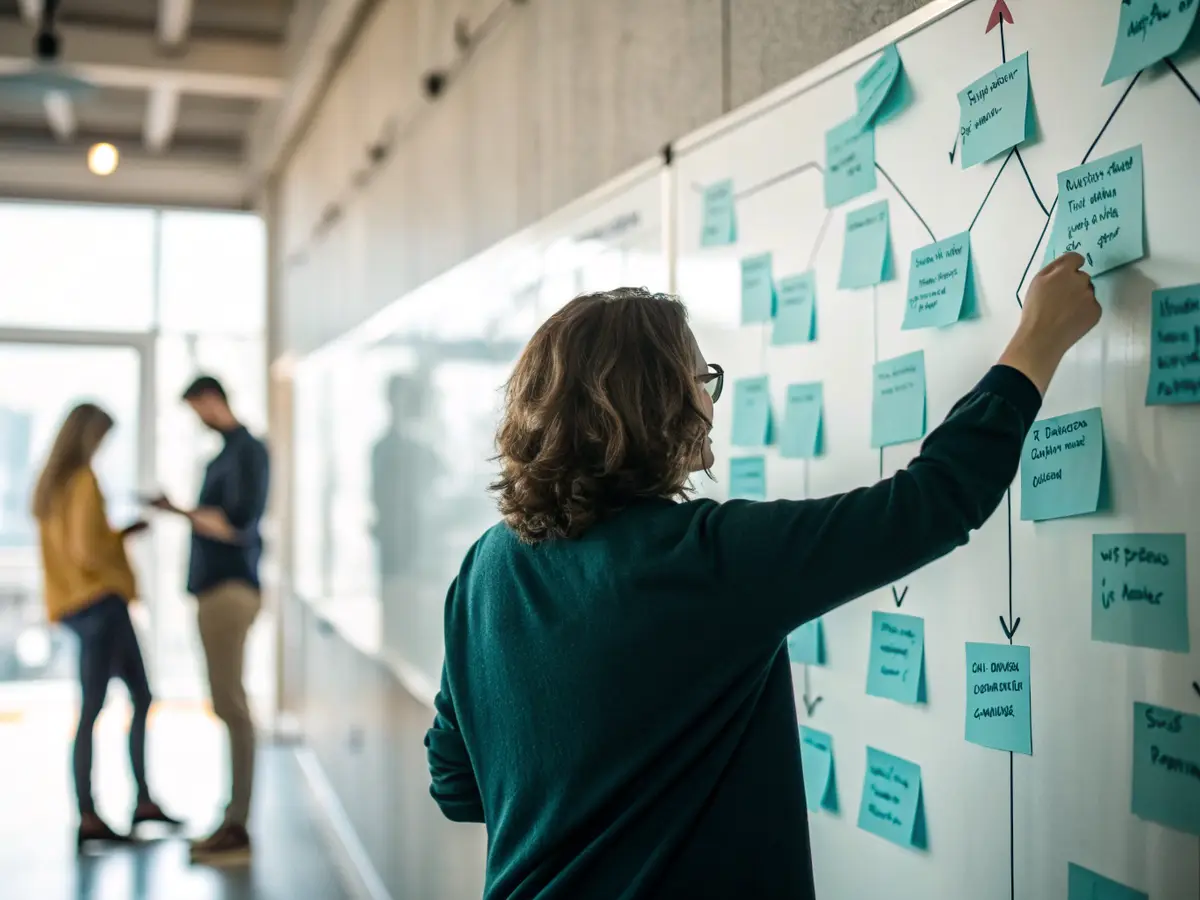 Cartographie de processus en notes adhésives sur un mur d’atelier, une personne désigne un point de blocage