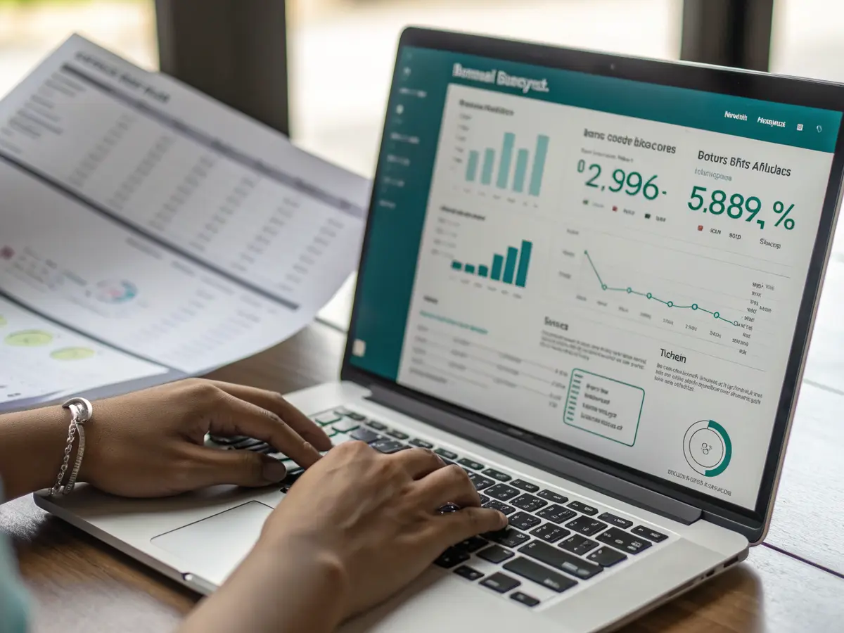 Tableau de bord des marges par produit à l’écran, budget imprimé à côté du clavier