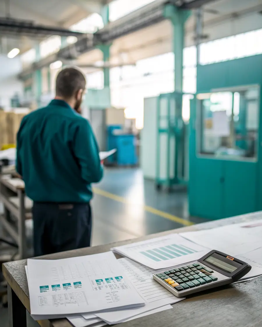Responsable de dos observant un atelier de production depuis son bureau